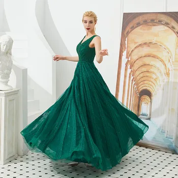2019 Zarif Yeşil Abiye Kadın V Yaka Kat Uzunluk Bir Çizgi Uzun gece elbisesi Pullu Boncuklu