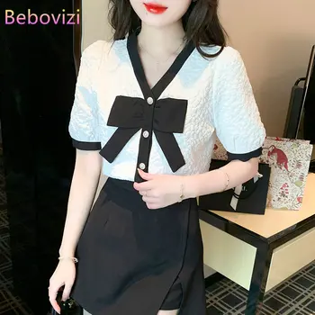 Yaz Yeni Kore Tarzı Gömlek Üstleri Yay V Yaka Dikiş Uzun Kollu Şifon kadın şifon bluz